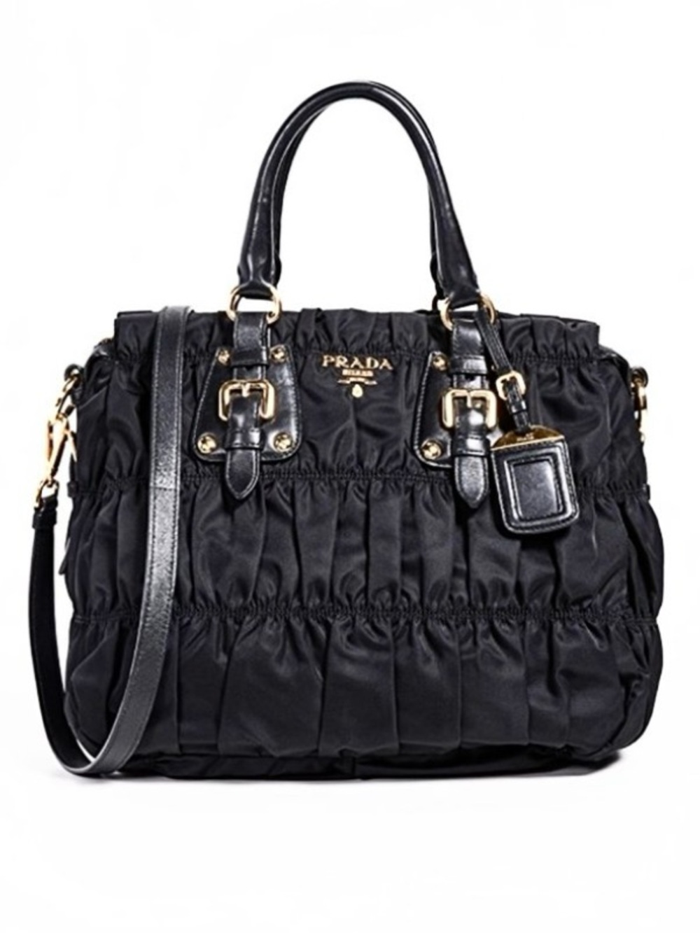 Prada⭐️Black Nylon Ruched Tote with Gold Hardware. Offers welcome!